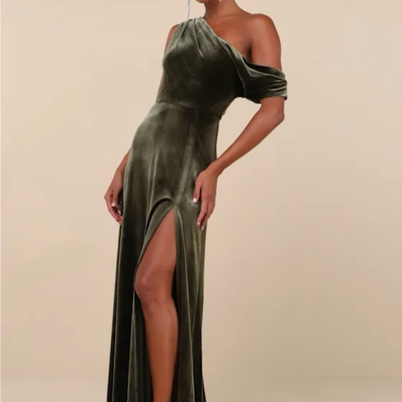 Lulu's Luxe One-Shoulder Velvet Dress in Olive - Picture 1 of 4